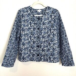 J. Jill Blue Floral Cotton Quilted Button Front Jacket Women’s Medium Cozy Artsy